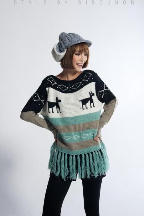 Hot Women's Winter Crew Neck Christmas Xmas Tassel Deer Knitting Sweater CL4801
