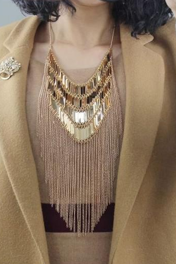 Gold Cascading Fringe Chain Statement Necklace