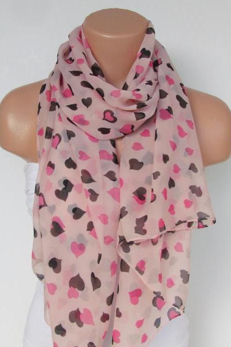 Oversize Heart Pattern Salmon Pink Scarf -Fall Fashion Scarf-Headband-Beach Pareo- Infinity Scarf- Long Scarf-New Season