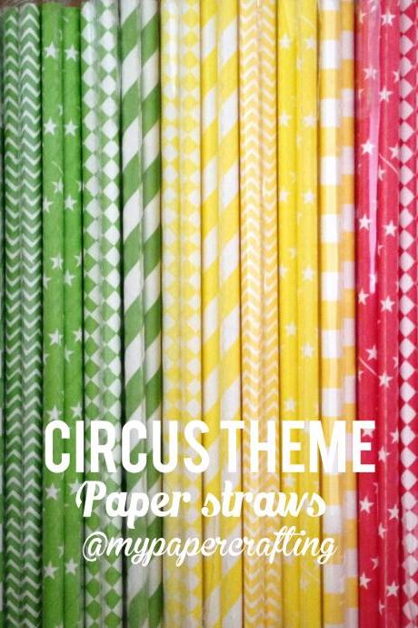 Drinking Paper Straw In Black, Red, Yellow &amp;amp; Green Circus Theme