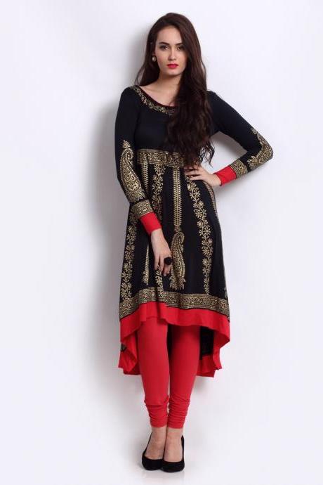 Women Black & Gold Printed Anarkali Kurta (All size's Available for Valentine Lover's)
