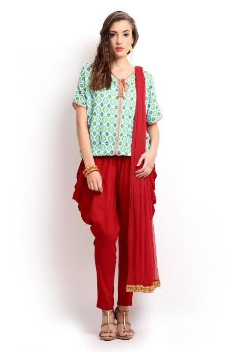 Women Red Jodhpuri Pants & Dupatta Set