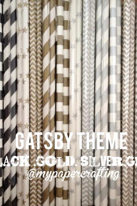 Drinking Paper Straw in black, silver, gold and grey Gatsby theme