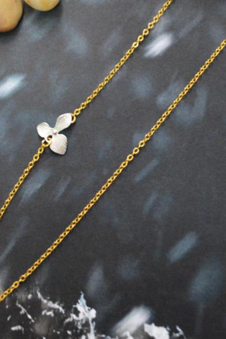 A-183 Sideways Necklace, Orchid, Flower necklace,Asymmetrical,Unbalanced,Simple necklace, Silver,Gold plated/Everyday jewelry /Special gift/