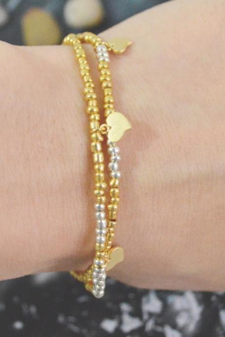 C-127 Gold, Silver Beaded bracelet, Layered, Double strand, Heart bracelet, Simple, Modern bracelet, Gold plated/Everyday jewelry/