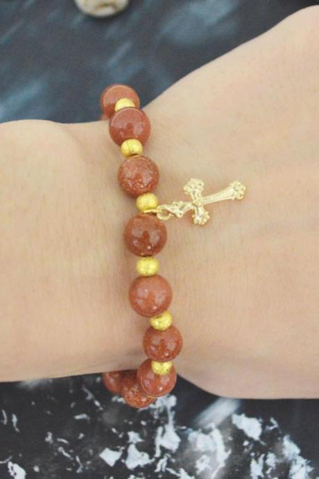 C-143 Rosary bracelet, Stretch bracelet, Stone bracelet, Cross bracelet, Gold sand stone bracelet, Gold beads, Gold plated/Everyday jewelry/