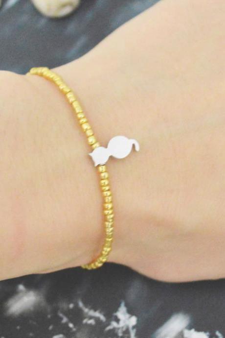 C-155 Gold Beaded bracelet, Seed beads bracelet, Cat bracelet, Simple, Modern bracelet, Silver plated /Everyday jewelry/