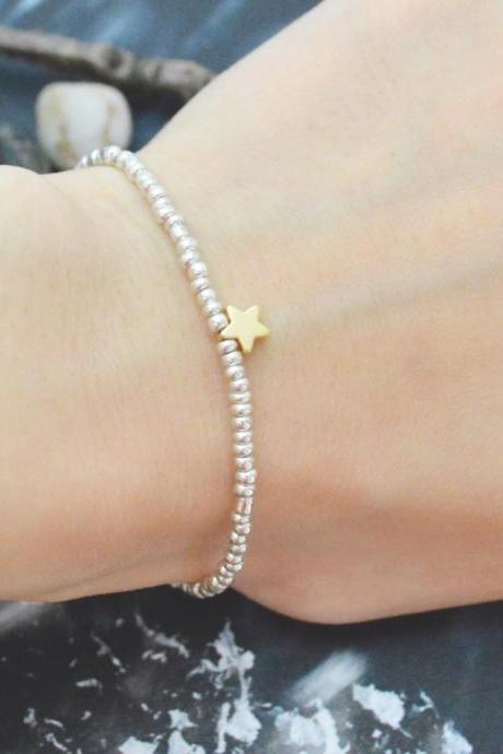 C-123 Silver Beaded bracelet, Seed beads bracelet, Star bracelet, Simple bracelet, Gold plated /Everyday jewelry/
