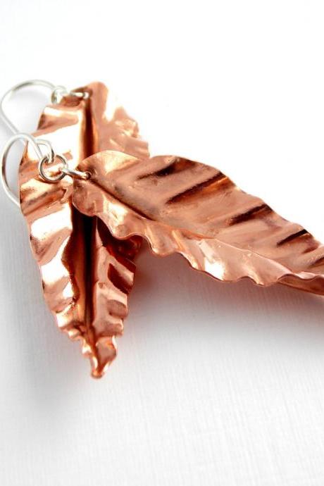 Ruffled Leaf Earrings - Copper leaf Earrings / Modern Earrings / leaf earrings / copper earrings