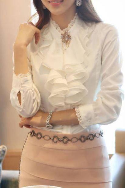 New Fashion Ruffled White Elegant Chiffon Blouse for Women