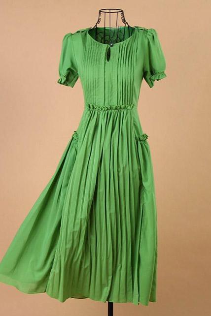 Summer Unicolor Pleated Short Sleeve Green Long Dress