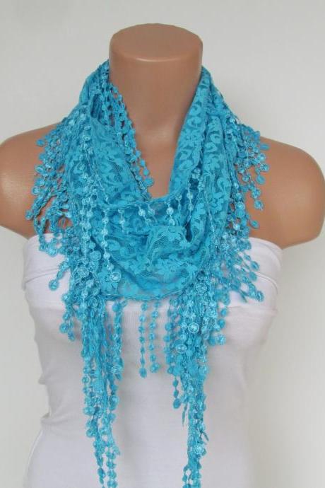 Turquoise Lace Scarf With Fringe Season Scarf-headband-necklace- Infinity Scarf- Accessory-long Scarf-fall Fashion