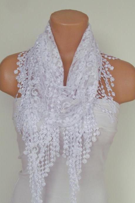 White Lace Scarf With Fringe Season Scarf-headband-necklace- Infinity Scarf- Accessory-long Scarf-fall Fashion