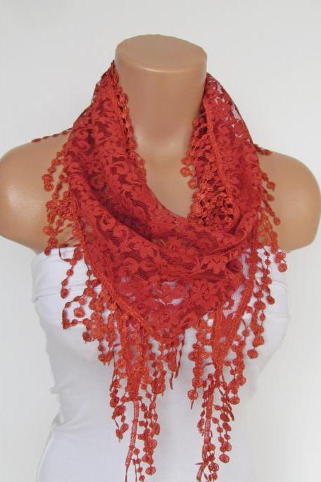 Terra-cotta Long Scarf With Fringe-winter Fashion Scarf-headband-necklace- Infinity Scarf- Winter Accessory-long Scarf