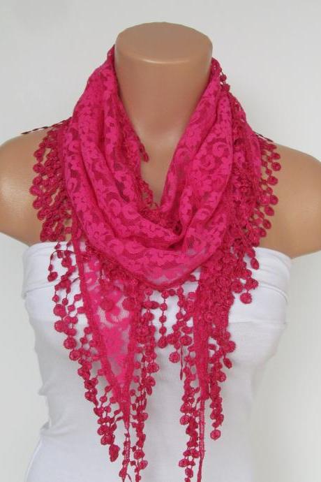 Deep Pink Long Scarf With Fringe-Winter Fashion Scarf-Headband-Necklace- Infinity Scarf- Winter Accessory-Long Scarf