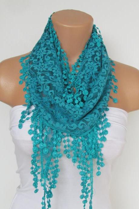 Turquoise Lace Scarf With Fringe-Fall Fashion Scarf-Headband-Necklace- Infinity Scarf-New Season Accessory-Long Scarf