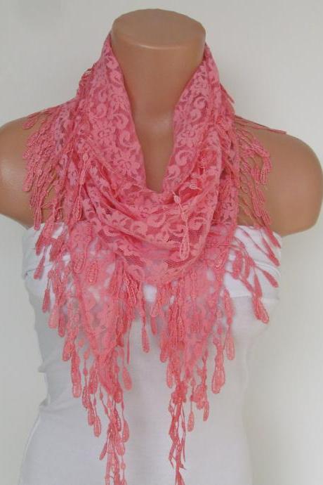 Salmon Lace Scarf With Fringe-Fall Fashion Scarf-Headband-Necklace- Infinity Scarf-New Season Accessory-Long Scarf