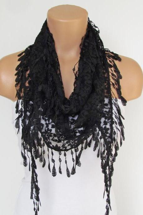 Black Lace Scarf With Fringe-Fall Fashion Scarf-Headband-Necklace- Infinity Scarf-New Season Accessory-Long Scarf