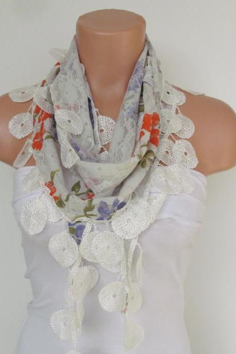 White Floral Lace Scarf With Fringe-Fall Fashion Scarf-Headband-Necklace- Infinity Scarf-New Season Accessory-Long Scarf