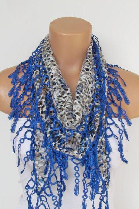  Leopard Patterned Blue Lace Scarf With Fringe-Fall Fashion Scarf-Headband-Necklace- Infinity Scarf-New Season Accessory-Long Scarf