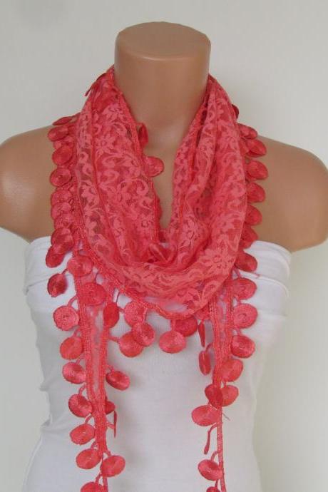 Indianred Lace Scarf With Fringe-fall Fashion Scarf-headband-necklace- Infinity Scarf- Season Accessory-long Scarf