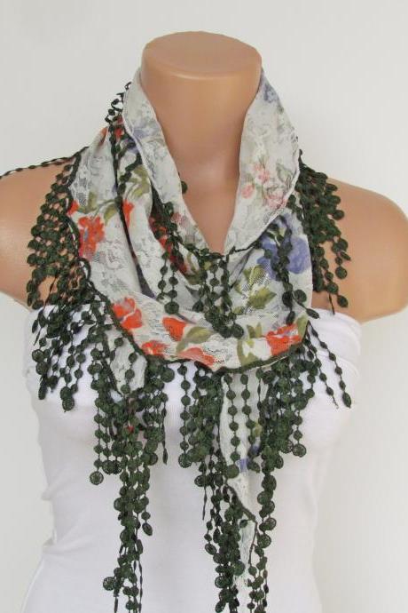White Floral Lace Scarf With Fringe-Fall Fashion Scarf-Headband-Necklace- Infinity Scarf-New Season Accessory-Long Scarf