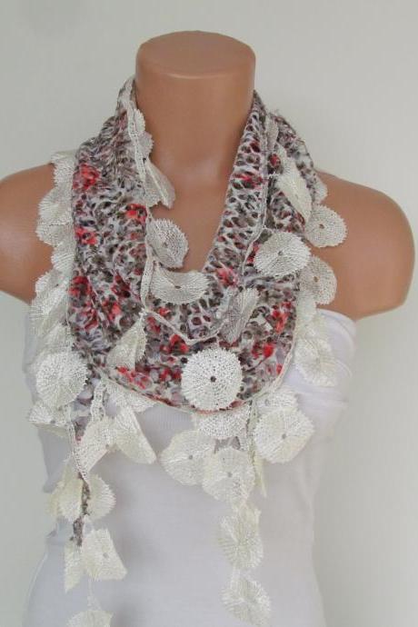 Leopard Patterned Red White Lace Scarf With Fringe-Fall Fashion Scarf-Headband-Necklace- Infinity Scarf-New Season Accessory-Long Scarf