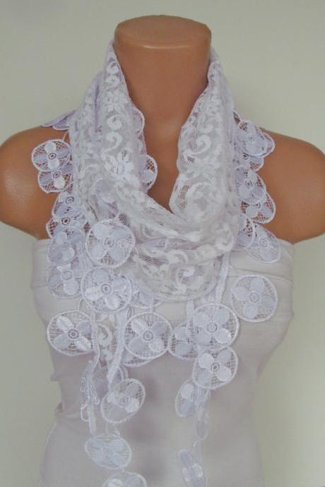 White Lace Scarf With Fringe New Season Scarf-Headband-Necklace- Infinity Scarf- Accessory-Long Scarf-Fall Fashion