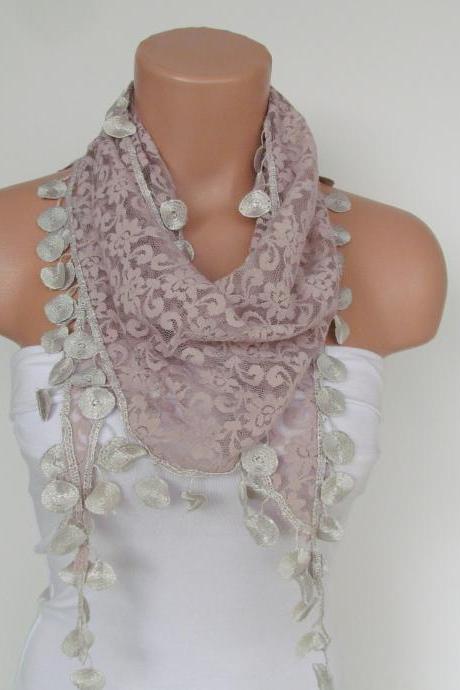 Beige Lace Scarf With Fringe-Fall Fashion Scarf-Headband-Necklace- Infinity Scarf-New Season Accessory-Long Scarf