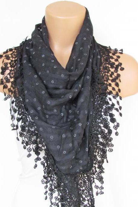 Black Scarf With Fringe -triangle Shawl Scarf- Season-necklace-lariat- Neckwarmer- Infinity Scarf--gift For Her