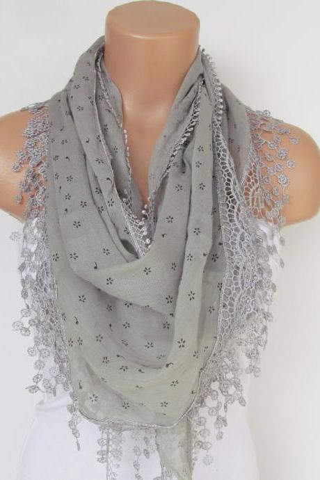 Gray Scarf With Fringe -triangle Shawl Scarf- Season-necklace-lariat- Neckwarmer- Infinity Scarf--gift For Her