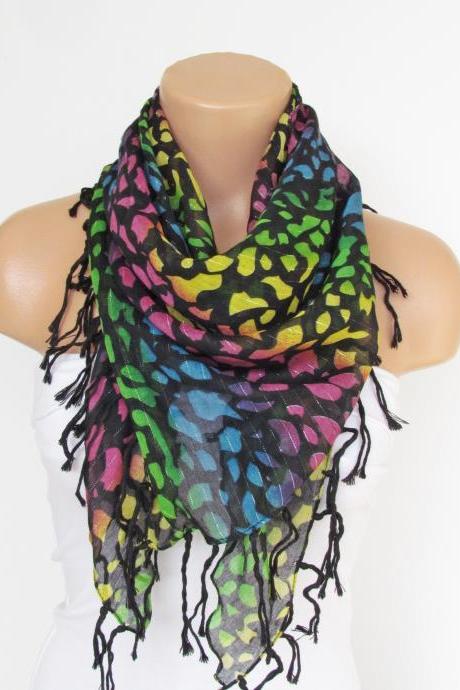 Black Colorful Scarf With Fringe -triangle Shawl Scarf-fall Fashion-necklace-cotton Scarf- Neckwarmer- Infinity Scarf-gift