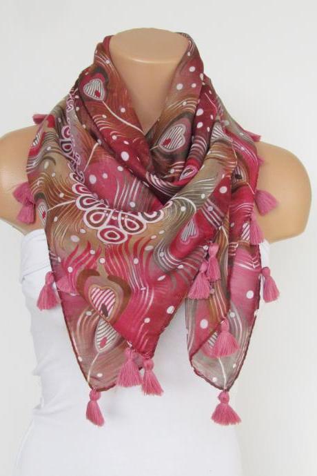Pink Floral Scarf With Fringe -triangle Shawl Scarf-fall Fashion-necklace-cotton Scarf- Neckwarmer- Infinity Scarf-gift