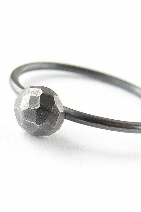 Oxidized silver ring . Black stacker with faceted nugget