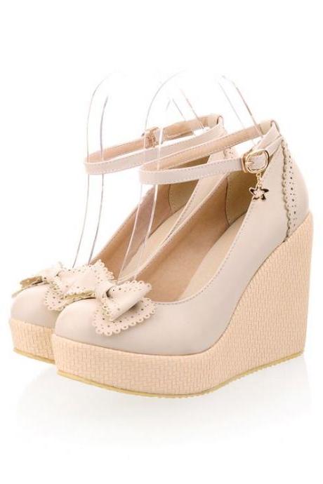 Cute Beige Bow Knot Design Wedge Shoes