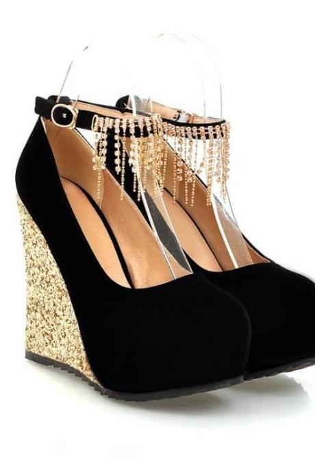 Black Diamante Design Fashion Wedge Shoes
