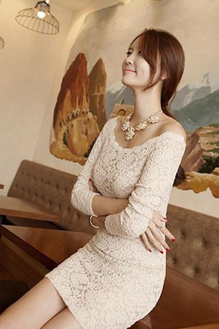 Lady Style Boat Neck Sheath Lace Dress （two colors)
