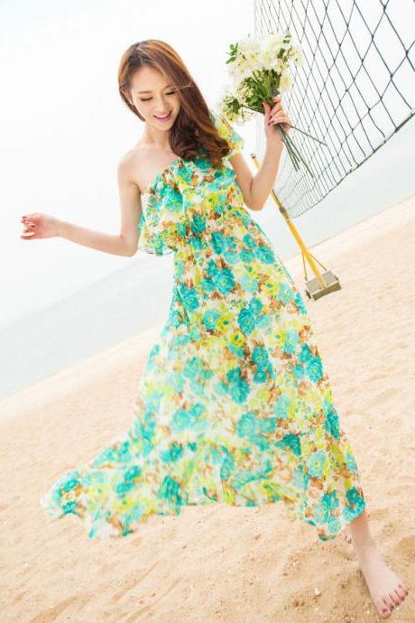 Chiffon ruffle strapless tube top floral print women's dress two ways full dress beach dress-Green