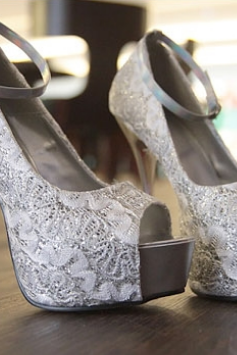3 Colors Silver Blue Black Wedding Shoes Sexy Lace Peep Toe High Platform Heels Stiletto Dress Shoes