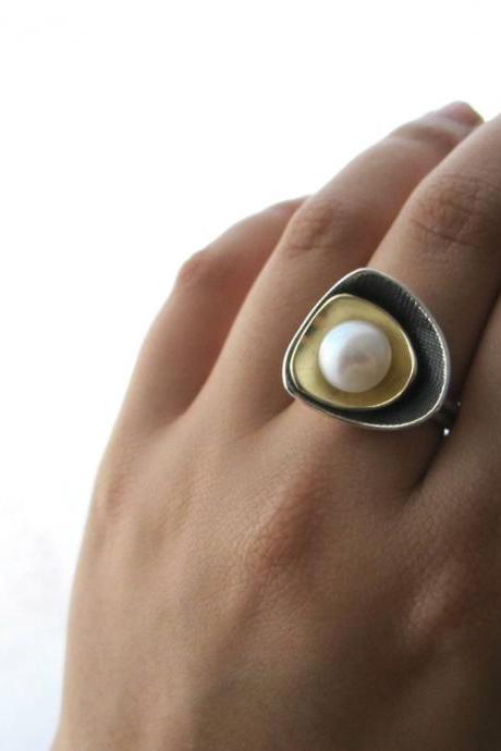 Layers- Sterling silver,bronze and freshwater pearl ring.