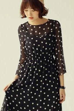 2014 Spring Summer Retro Inspired Polka Dot Chiffon Dress