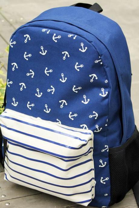 New Navy Anchor Striped Print School Bag&Backpacks