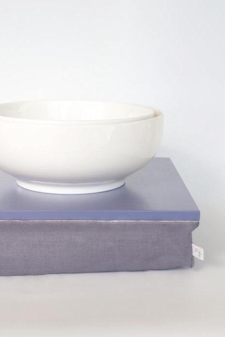 Bed tray, iPad stable table or Laptop Lap Desk without edges - Light Slate Blue with blue shade grey linen pillow