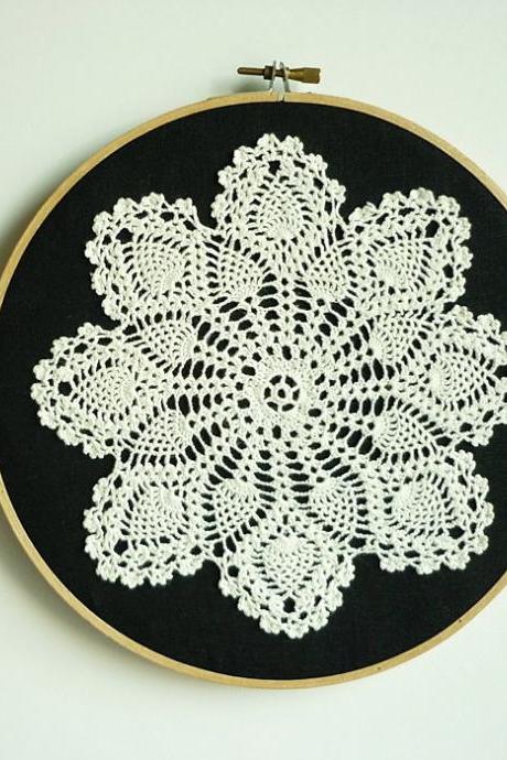 Doily Embroidery Hoop Art - Snowflake at Night - Framed Wall Art - 8' hoop - Wall Hanging for Home decoration and gifts