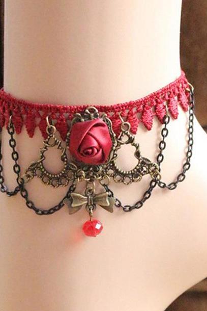 Glamorous Red Lace Anklets with Leaves and Flower