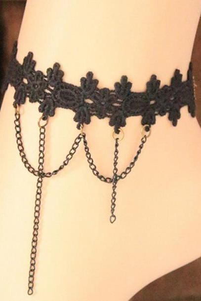 Free Shipping Vintage Hollow Lace Black Anklets with Chain