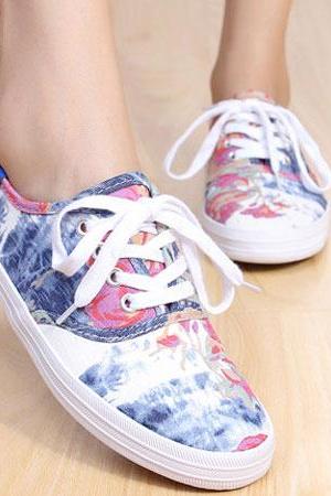 Mixed Color Floral Print Denim Slip On Sneaker Flats [grxjy5190439]