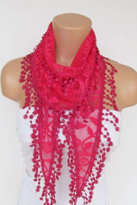 Fuchsia Lace Scarf With Fringe Season Scarf-headband-necklace- Infinity Scarf- Accessory-long Scarf-fall Fashion