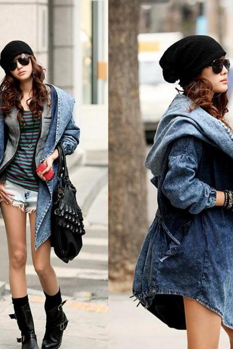  Fashion Women Lady Denim Trench Coat Hoodie Hooded Outerwear Jean Jacket Cool