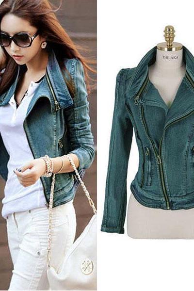 New Women Denim jean jacket Oblique ZIP slim top short motorcycle biker coat
